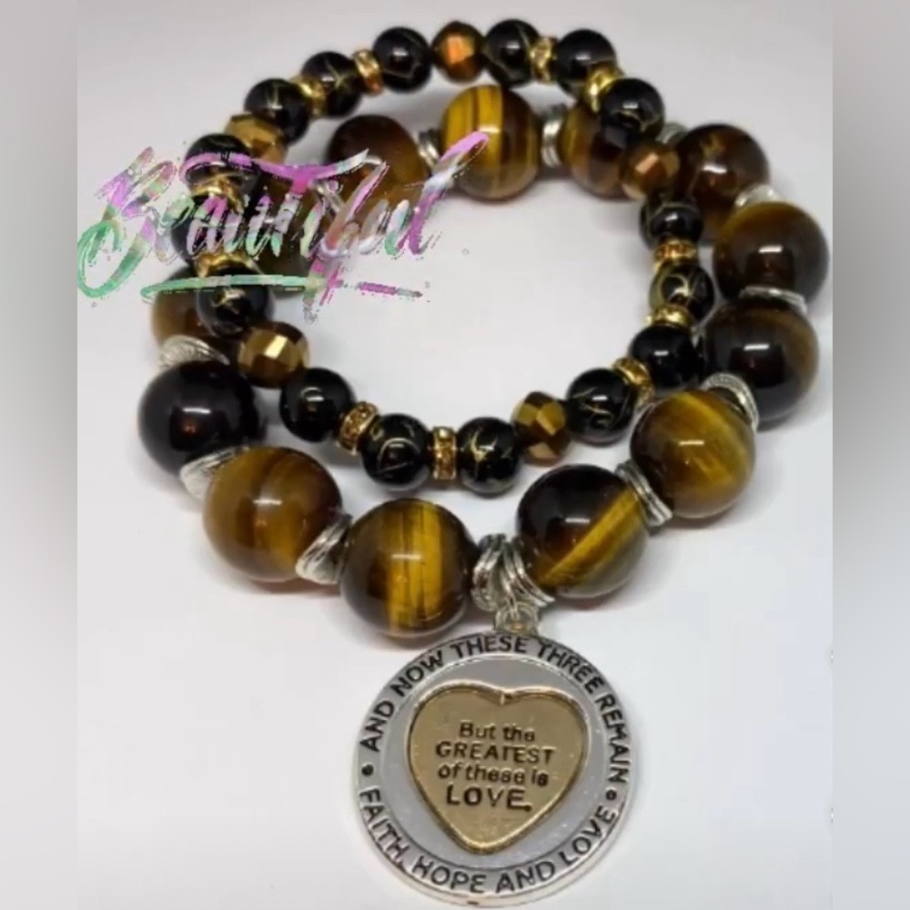 NWT “but the Greatest of ALL” 1st Corinthians 13:13 10mm Tiger Eye 2PC Bracelets - Picture 7 of 8